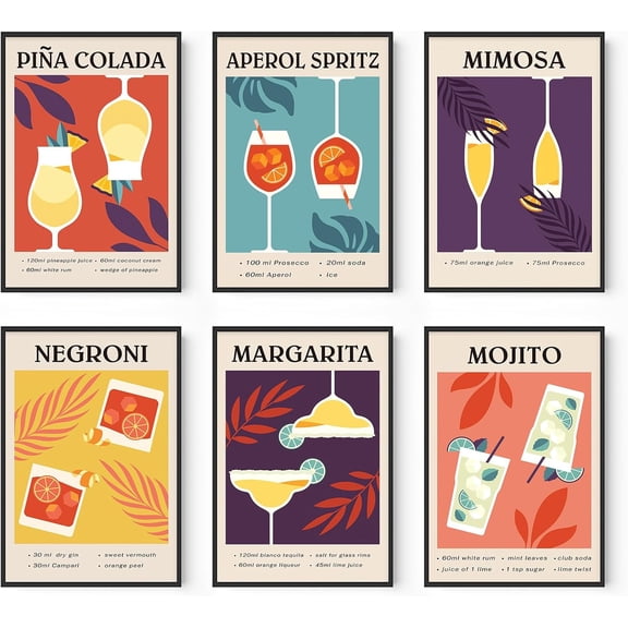 Cocktail Canvas Wall Art Posters Apartment Decor Paper Prints Dorm Wall decor Bar Cart Accessories Prints for Wall Decor Unframed (6 Pcs 8x12 inch)