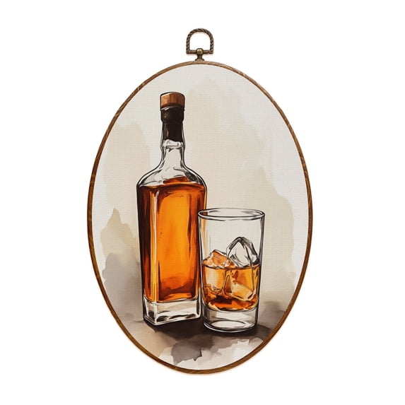 Cocktail Canvas Wall Art Vintage Bar Cart Retro Whisky Bar Art Alcohol Whiskey Bottle Glass Whiskey Ice Oval Framed Canvas Prints Vintage Wall Hanging Decor for Home Decorations 8.6"x11.4"