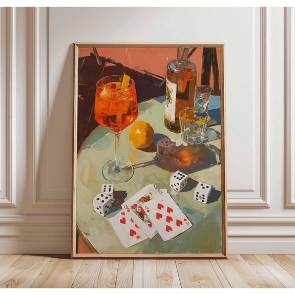 Cocktail Dice & Cards Wall Art, Retro Bar Poster with Aperol Drink, Gambling Table Still Life Print, Vintage Pub Décor, Unframed Poster