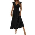 thumbnail image 1 of Cocktail Dress, Casual High Waisted V Neck A Line Ruffle Sleeve Loose Maxi Sundress With Pockets For Beach Vacation Wedding Guest Red Athletic Dress Long Maxi Dresses Denim (L, Black) ZMTing, 1 of 5