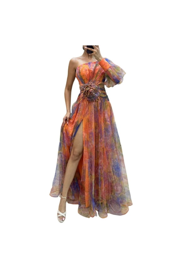 Cocktail Dress, Casual One Shoulder Mesh Floral Tunic Slit Cocktail Wedding Guest Maxi Dress Elegant Beach Party Vacation Sundress Sexy Black For Women Summer Dresses Casual (XL, Orange) ZMTing