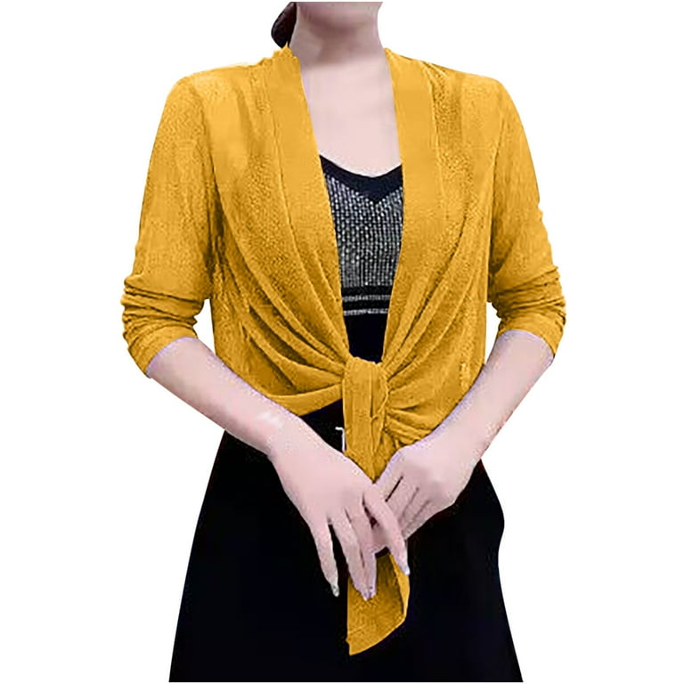 Cocktail Dress Women Soft Chiffon Open Front Sheer Long Sleeved Cardigans For Evening Dress Yellow 5XL