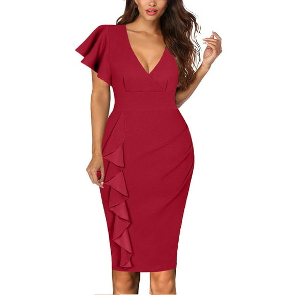 Cocktail Dress for Women Deep V Neck Ruffle Short Sleeve Bodycon Dress Ruched Eveing Party Pencil Midi Dresses