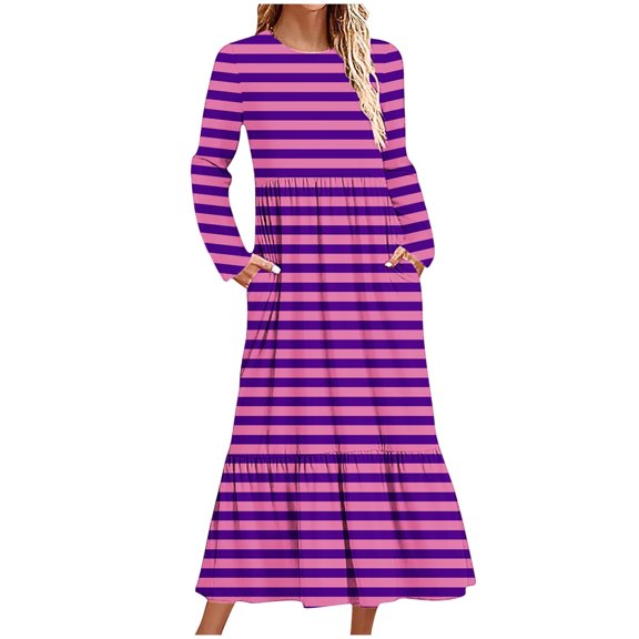 Cocktail Dress for Women Women's Round Neck Long Sleeved Dress with Polka Print and Double Pocket Long Dress S-305 Purple XL