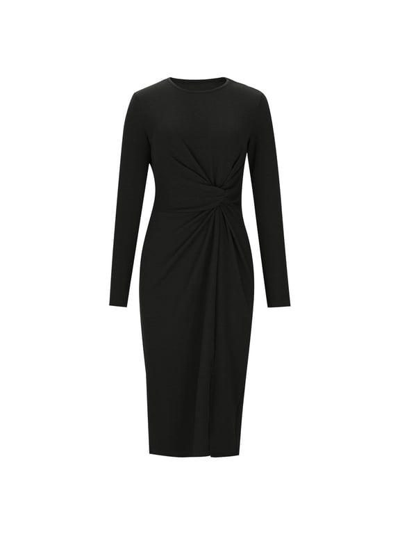 Cocktail Dresses For Women Sevevn Women's Long Sleeve Ruched Waist Body-Con Pencil Skirt Slit Midi Cocktail Party Dress