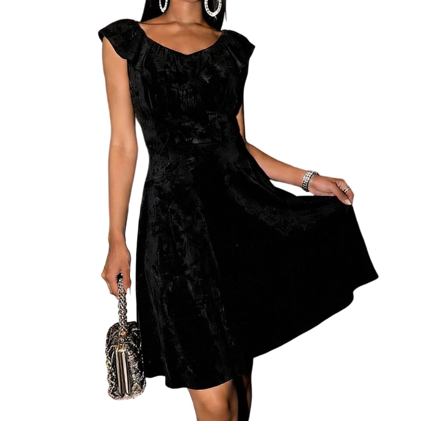 Cocktail Dresses For Women Sevevn Women's Velvet Ruffle Sleeve V-Neck A-Line  Mini Party Dress Black L - Walmart.com