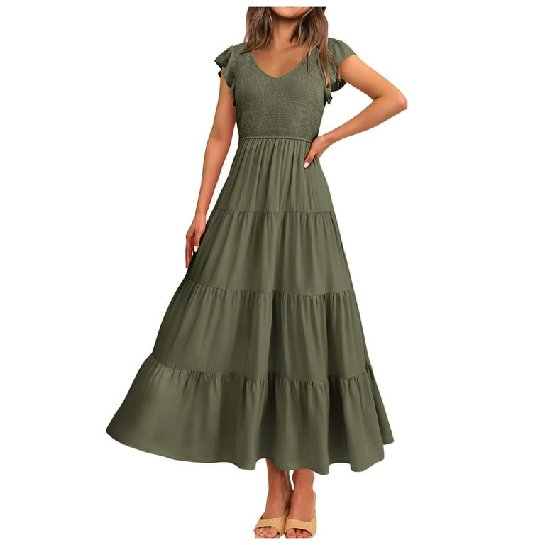 Dresses For Women Women s Summer Flowy Maxi Dress Casual Cap Sleeve V Neck Smocked Beach Business Dresses for Women Walmart