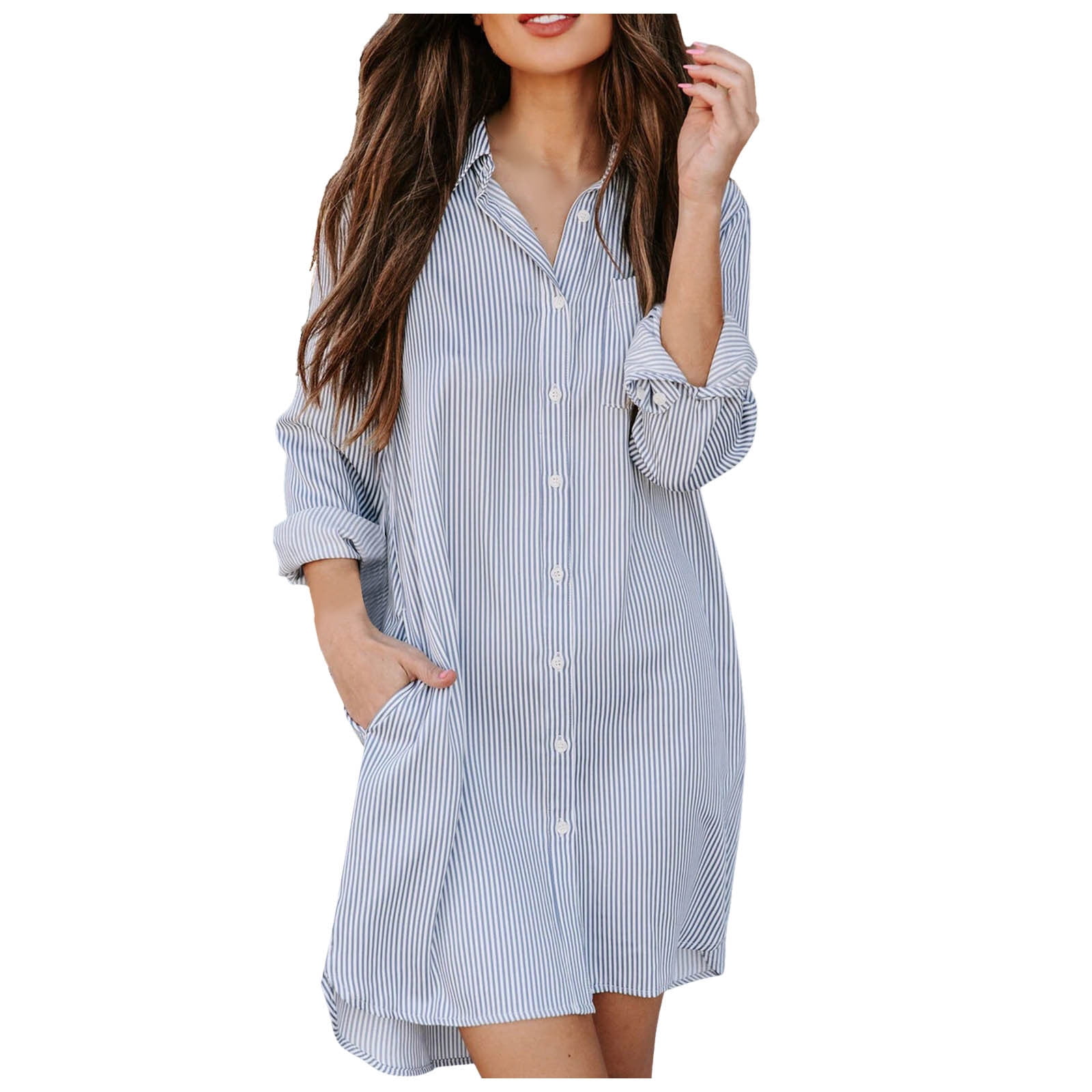 Dresses For Women Womens Casual Loose Fit Long Sleeve Solid Striped