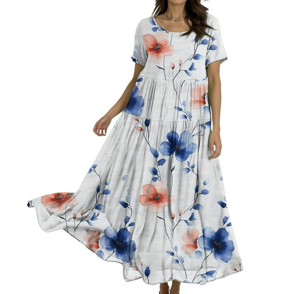 Cocktail Dresses For Women, Casual Loose Fit Floral Short Sleeve Boho Dress Easter Wedding Guest Summer 2025 Elegant Church Beach Party Maxi Dress Black Bodycon Clothes (M, Light Blue) ZMTing