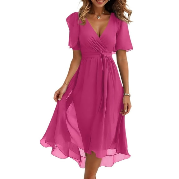 Cocktail Dresses For Women, Elegant Casual V Neck Short Sleeve Tie Waist Floral Chiffon A Line Wedding Guest Easter Summer 2025 Formal Cocktail Party Church Dress Cocktail (L, Hot Pink) ZMTing