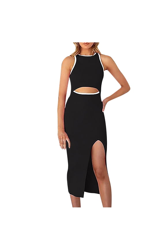 Cocktail Dresses For Women Sevevn Women's Solid Color Hollowed Out Mid Length Dress With Round Neck Sleeveless Slit And Tight Fitting Vacation Dresses For Women 2025