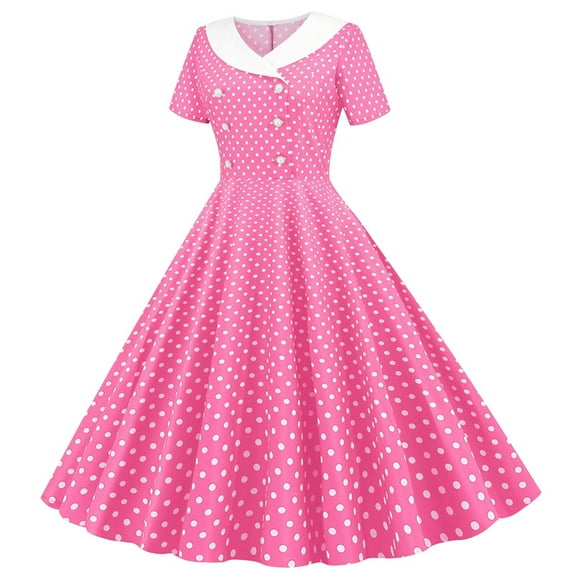 Cocktail Dresses for Girls Size 5-14 Elegant A-Line Teens Kids Trendy Short Sleeve Button Collared Polka Dot Printed 70S Prom Dress