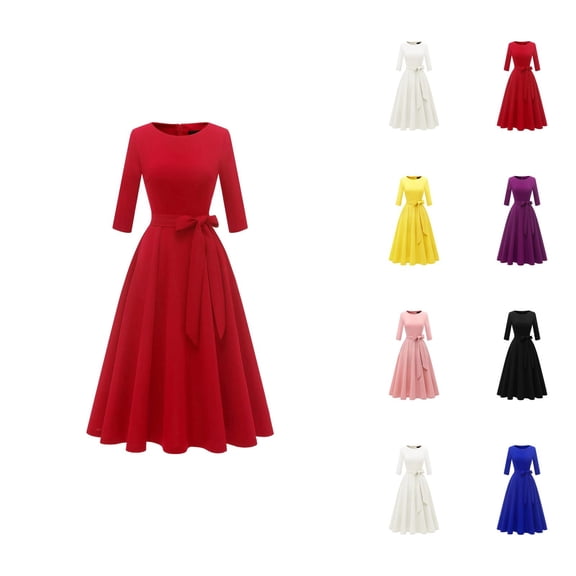 Cocktail Dresses for Women 3/4 Sleeve Crewneck Belted A Line Flowy Long Dresses Wedding Guest Dress Formal Church Tea Dress