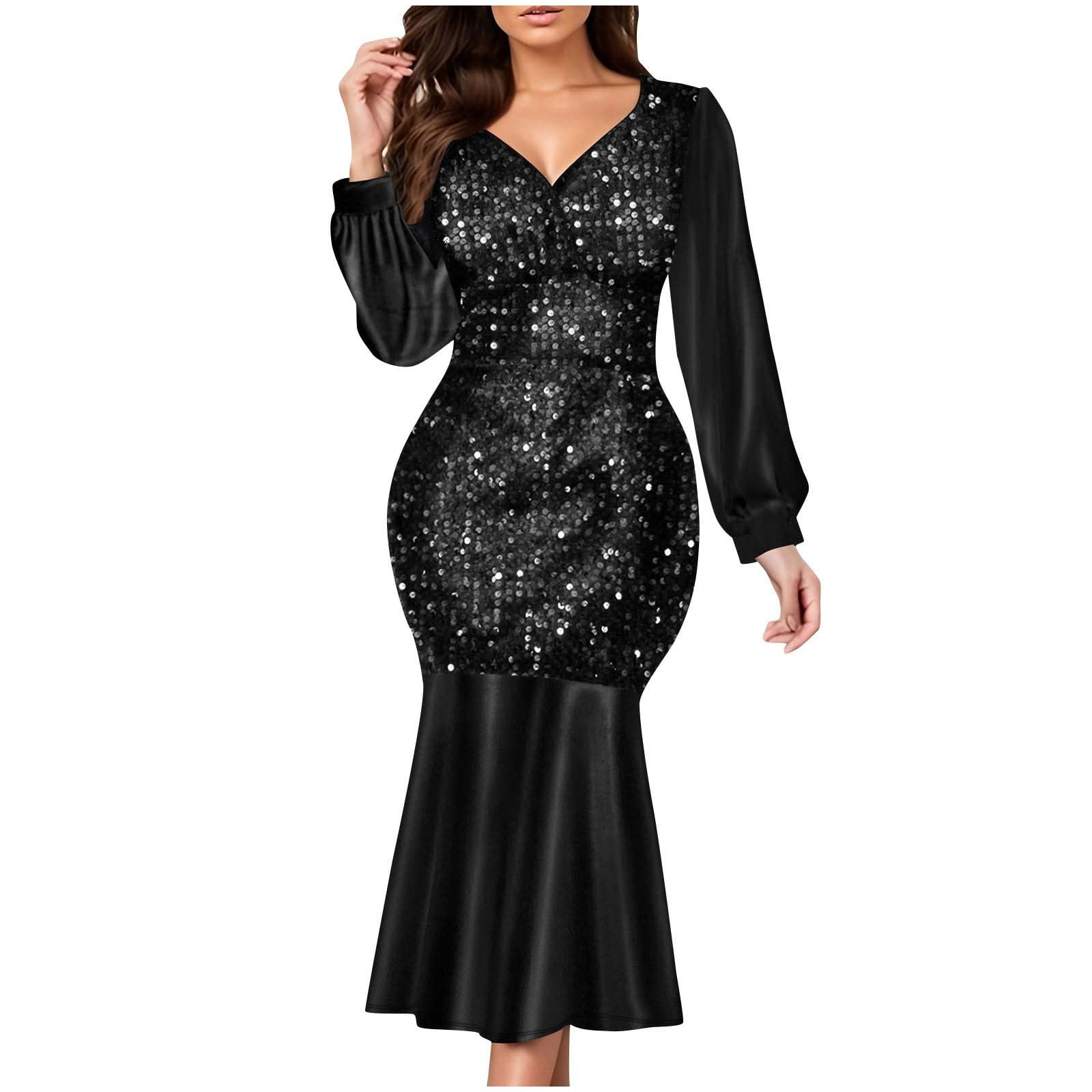 Cocktail Dresses for Women Evening Party Plus Size Long Sleeve Sequin
