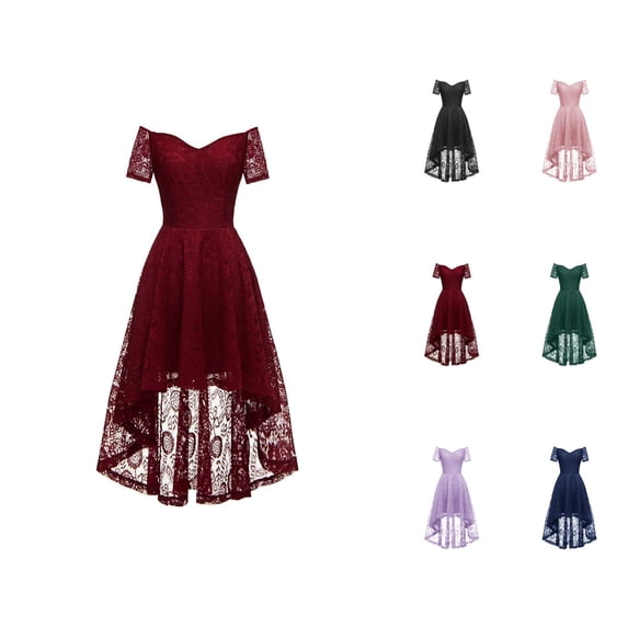 Cocktail Dresses for Women Floral Lace Short Sleeve Off Shoulder High Low A Line Ruffle Flowy Midi Dress Wedding Guest Dress