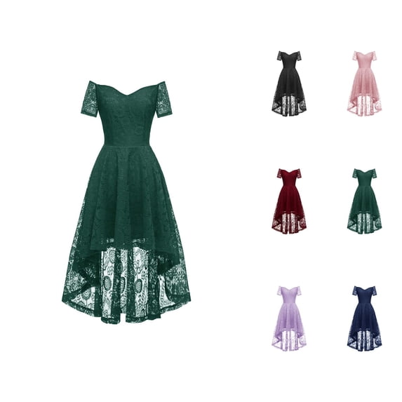 Cocktail Dresses for Women Floral Lace Short Sleeve Off Shoulder High Low A Line Ruffle Flowy Midi Dress Wedding Guest Dress