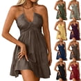 thumbnail image 1 of Cocktail Dresses for Women Halter V‑Neck Ruched Bust Tiered Ruffle Swing Short Dress for Beach Party Evening Cocktail, 1 of 10