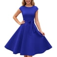 thumbnail image 1 of Dresses for Women Short Sleeve Crew Neck Solid Color Tie Waist Elegant Midi Party Dress Blue L, 1 of 6