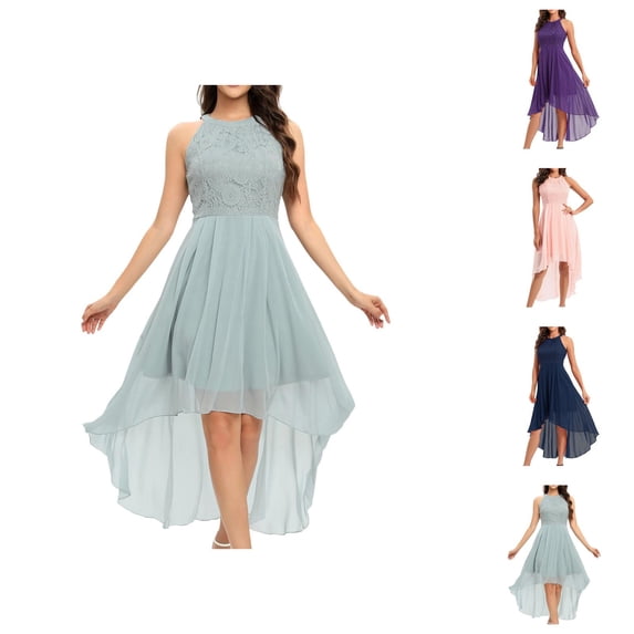 Dresses for Women Sleeveless Halter Lace Contrast Chiffon High Low Flowy Maxi Dress Wedding Guest Dress