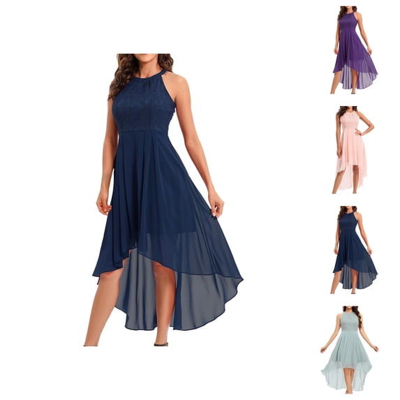 Dresses for Women Sleeveless Halter Lace Contrast Chiffon High Low Flowy Maxi Dress Wedding Guest Dress