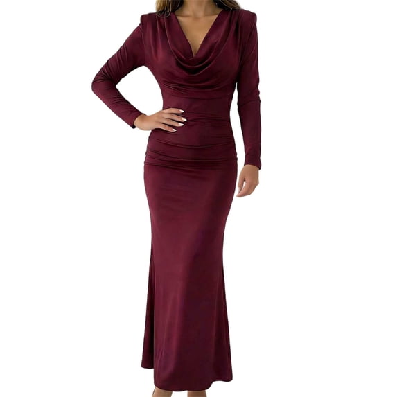 Cocktail Dresses for Women Spring 2026 Cowl Neck Long Sleeve Ruched Slim Fit Maxi Summer Formal Wedding Guest Dress