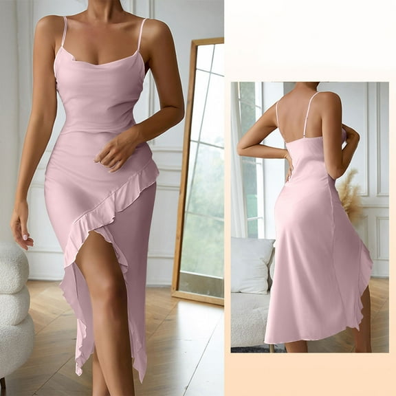 Cocktail Dresses for Women V Neck Sleeveless Ruffle Hem Midi Dress Front Slit for Date Night Wedding Guest Party Corset Dress