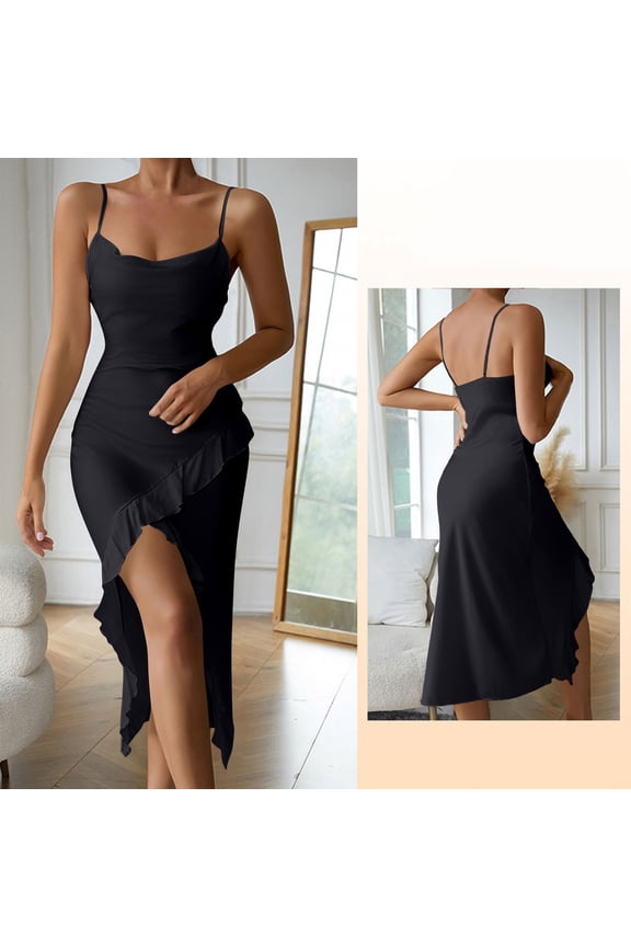 Cocktail Dresses for Women V Neck Sleeveless Ruffle Hem Midi Dress Front Slit for Date Night Wedding Guest Party Corset Dress
