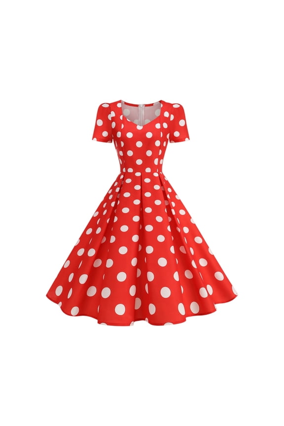 Cocktail Dresses for Women Vintage 1950s Polka Dot Short Sleeve V-Neck A-Line Swing Midi Prom Retro Rockabilly Dress