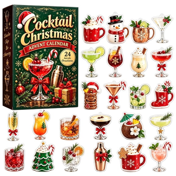 Cocktail Drinks Christmas Advent Calendar, 24 Days Flat Acrylic Tree Hanging Pendants Blind Box for Home & Bar Holiday Decor Gift for Cocktail Lovers