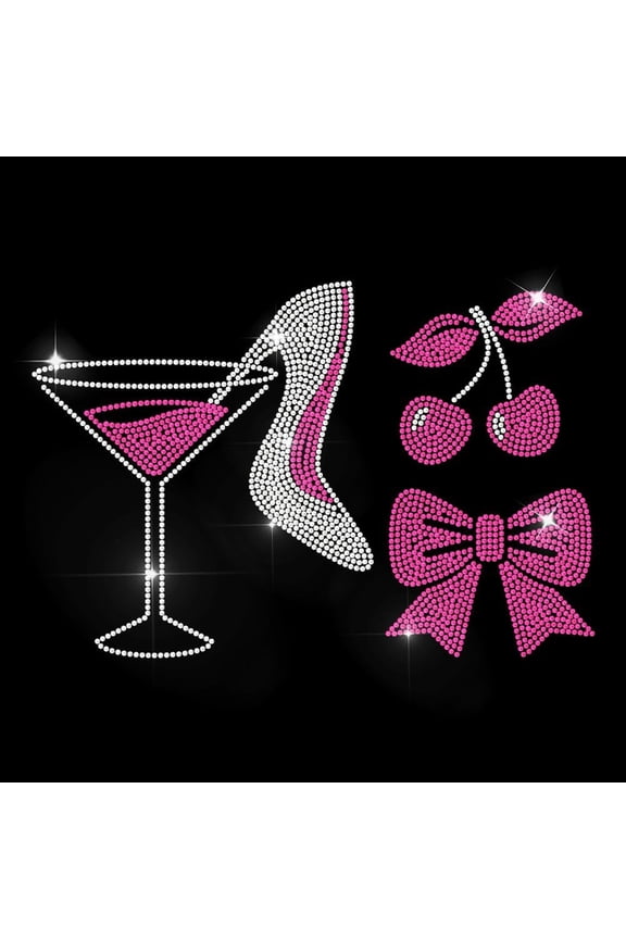 Cocktail Glass Rhinestone Iron on Decal Pink High Heels Hotfix Transfer Sticker Bling Cherry Heat Transfer Patch Clothing Repair Applique for T-Shirt Hat Jacket Garment Bag DIY Decor Colorful