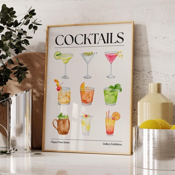 Cocktail Glasses Bar Cart Kitchen Wall Art, Unframed Paper Print Size 8x12
