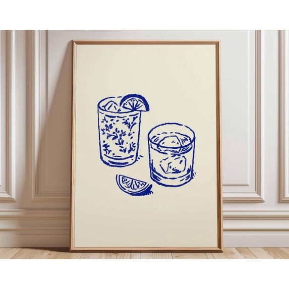 Cocktail Glasses Blue Line Art Wall Art Print, Unframed Paper Poster 8x10in