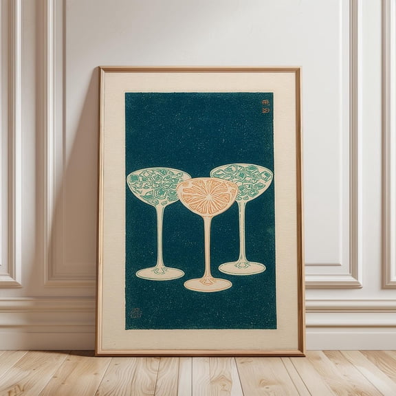 Cocktail Glasses Mid Century Lino Style Teal Orange Bar Wall Art Print Unframed Paper Print