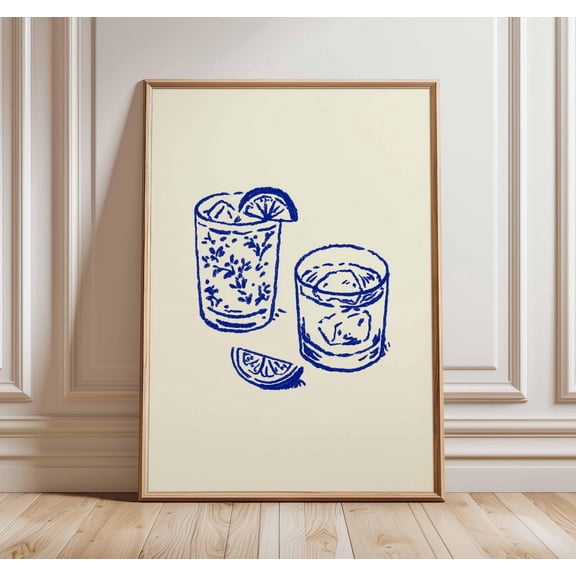 Cocktail Glasses Wall Art Minimalist Bar Modern Blue Line Kitchen, Unframed Poster