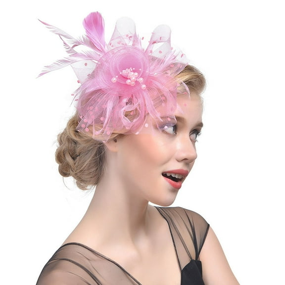 Cocktail Hairband for Women Pink Flower Mesh Ribbons Feathers Headband Tea Party Hat Headwear