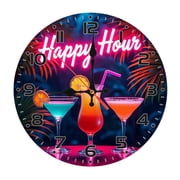 Cocktail Happy Hour Neon Sign Wall Clock 10 Inch Silent Non Ticking Round Clock Decoration for Living Room Kitchen Bedroom Bathroom Office Classroom