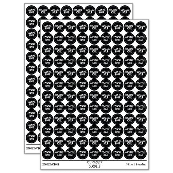 Cocktail Hour Fun Text 200+ Round Stickers - Black - Matte Finish - 0.50" Size