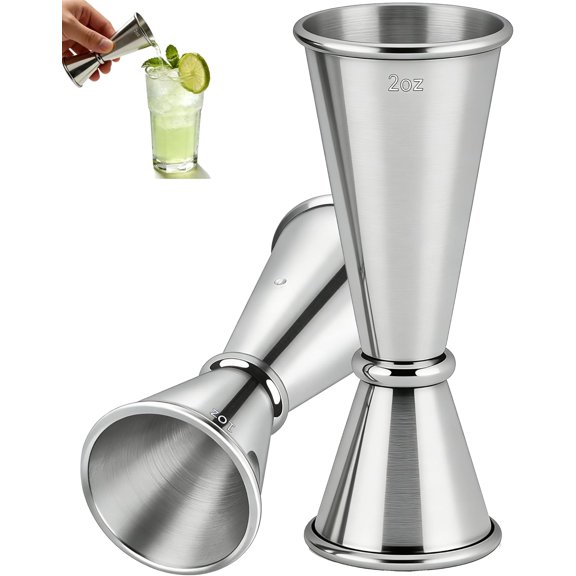 Cocktail Jigger Set 1oz/2oz, Double Sided Stainless Steel Measuring Cups, Shot Measure Tool for Bartending, Home Bar & Mixed Drinks, Silver 2 Pack