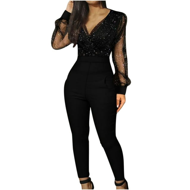 Cocktail Jumpsuit For Women Wedding Guest Women's Long Sleeve Casual V ...