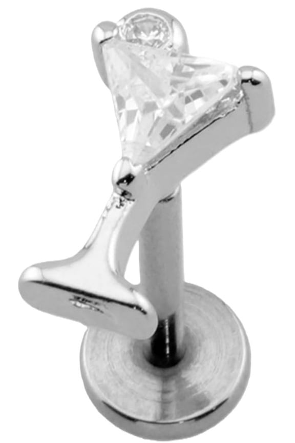 Cocktail Martini CZ Stud Threadless Push-In Labret, 316L Surgical Steel, 18GA, 5/16" Length, Clear