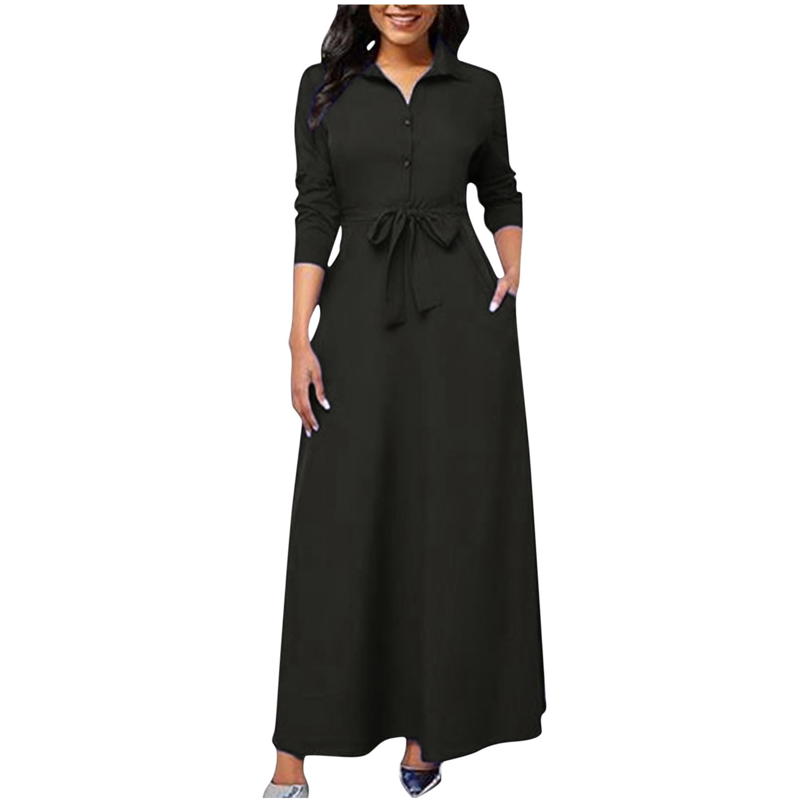 Cocktail Maxi Dress for Women Floral Casual Long Sleeve Button V Neck