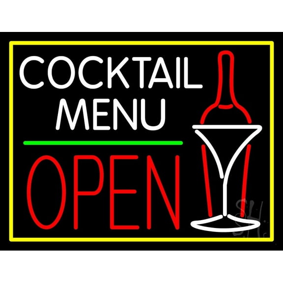 Cocktail Menu With Bottle And Glass Open LED Neon Sign 24 x 31 - inches, Clear Edge Cut Acrylic Backing, with Dimmer - Bright and Premium built indoor LED Neon Sign for Bar decor.
