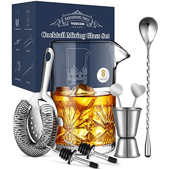 Cocktail Mixing Glass, 18oz Crystal Mixing Glass Bartender Kit, 8 Piece Old Fashioned Cocktail Set with Strainer, Spoon, Jigger, Picks, Pourers, Bar Tools Cocktail Shaker Set (8 Pieces)$$