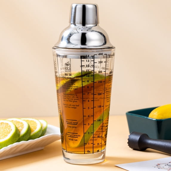 Cocktail Mixing Glass with Recipe Guide & Measuring Scale, 13.5 oz Leak-Resistant Bartender Shaker Cup for Home Bar and Beginners, Stainless Steel & Thick Glass