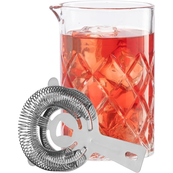 Cocktail Mixing Glass & Strainer Set - Elegant Bar Mixing Set with 16oz Glass Beaker, Essential Mixology Bartender Kit, Old Fashioned Kit, Includes Stainless Steel Hawthorne Strainer