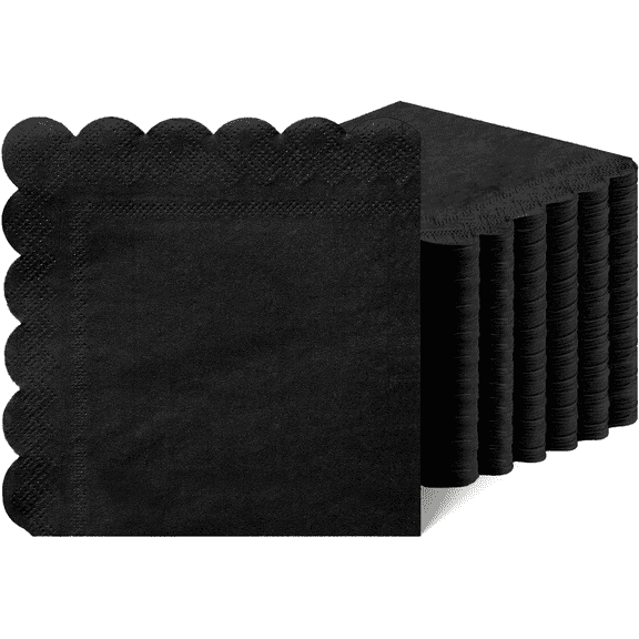Cocktail Napkins Disposable, 100 Count Black Scalloped Napkins, Dessert Napkins Beverage Napkins, Folded 5” x 5” Party Napkins, 2 Ply Paper Napkins Bulk for Dinner Wedding Birthday Party - Amcrate