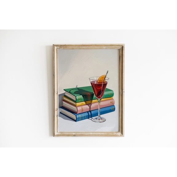 Cocktail On Book Stack Poster: Reading Nook Decor, Stretched Canvas Size 8x12