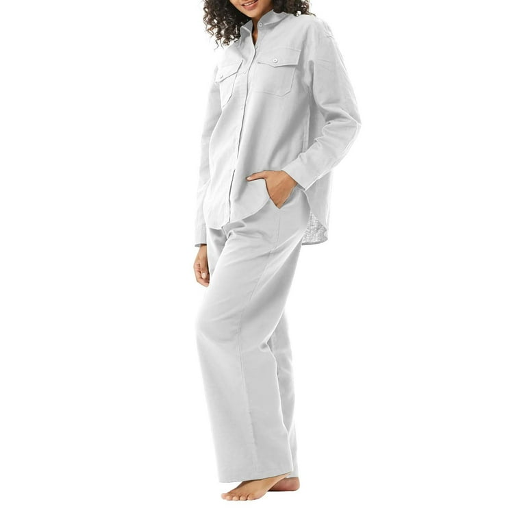Cocktail Pants Suits for Women plus Size Women s Pure Color Linen Cotton Long Sleeve Shirt With Pocket Relaxed Fit Straight Leg Pants Two Piece Set