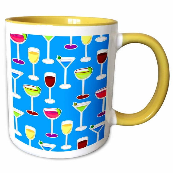 3drose, Cocktail Party Alcoholic Beverages Print - Blue, 11oz Two-tone Yellow Mug