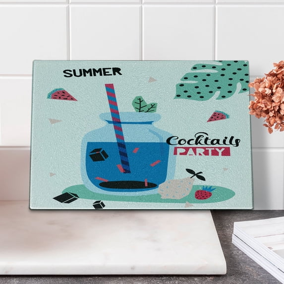 Cocktail Party Cutting Board, Scandinavian Style Hello Summer Themed Artwork with a Drink Fruit and Slices, Decorative Tempered Glass Cutting and Serving Board, in 3 Sizes, by Ambesonne